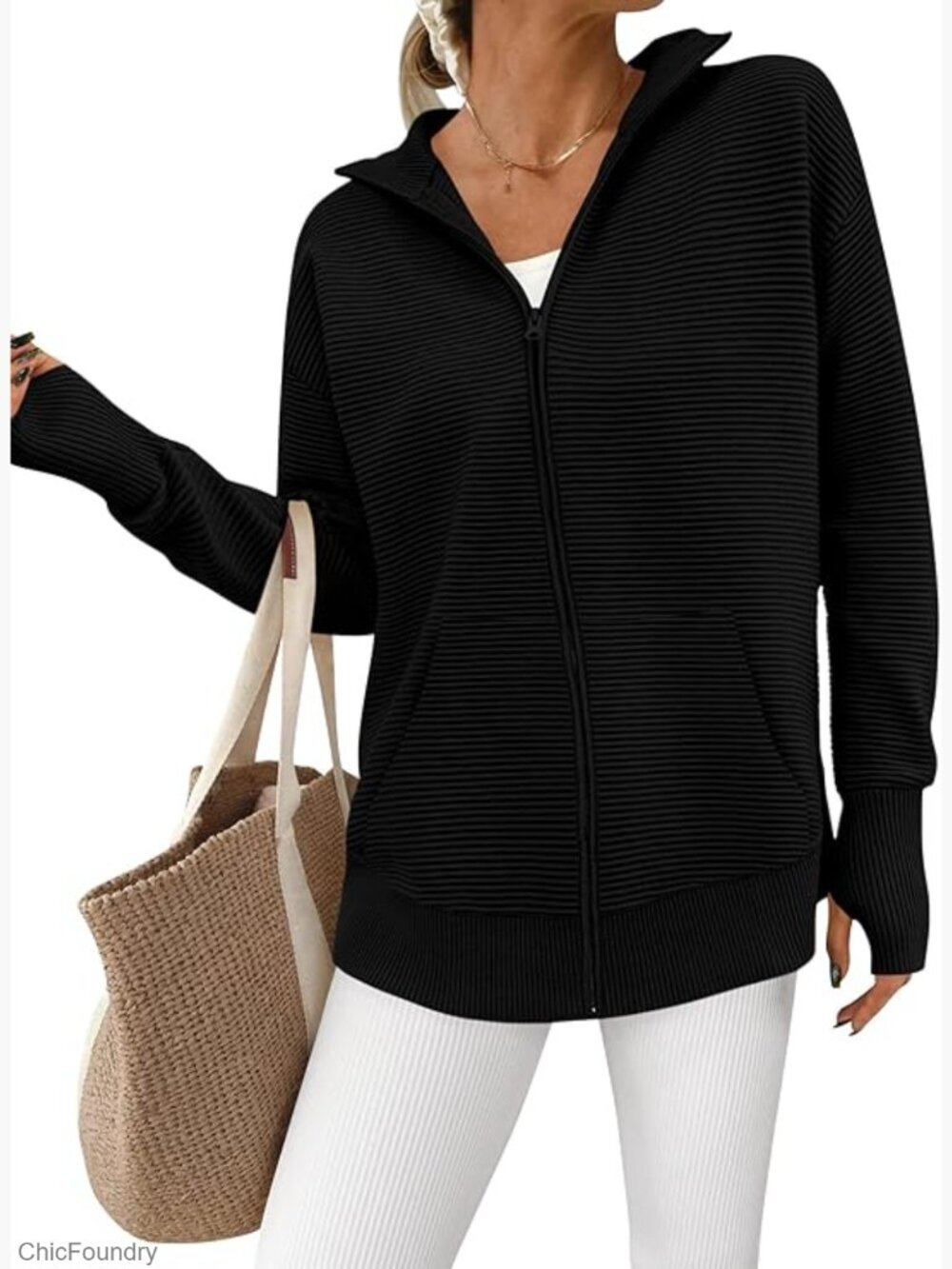 Long Sleeve Zip Up Cardigan Sweater Casual Loose Collared Knit Top Jacket Thumb
